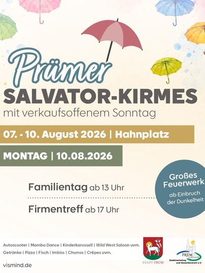 Ein Plakat für die Prümer Salvator-Kirmes, die vom 7. bis 10. August 2026 in Hahnplatz stattfindet. Es gibt einen Familientag und einen Firmenabend, sowie ein großes Feuerwerk.