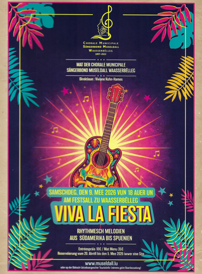 Ein farbenfrohes Plakat für das Event "Viva la Fiesta". Es zeigt eine Gitarre mit musikalischen Elementen und tropischen Blättern.