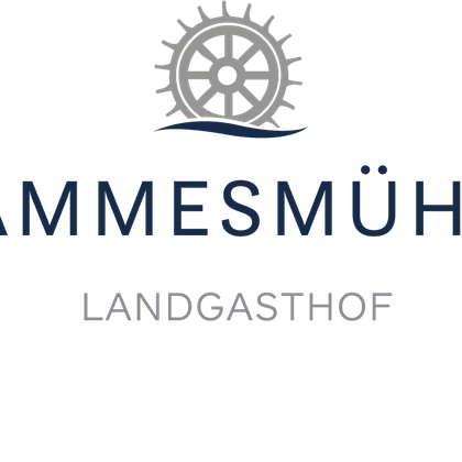 Ein Logo des Landgasthofs Hammesmühle mit einem Steuerrad und Wellenmotiv. Die Schrift ist klar und modern gestaltet.