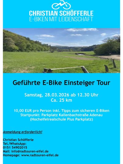 A flyer for a guided E-bike tour for beginners. The tour takes place on March 28, 2026, and starts at the parking lot Kallenbachstraße in Adenau.