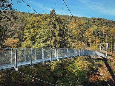 Eine Hängebrücke aus Metall führt über ein tiefes Tal. Um die Brücke herum sind viele Bäume mit grünem und gelbem Laub. Es ist ein sonniger Tag mit blauem Himmel.