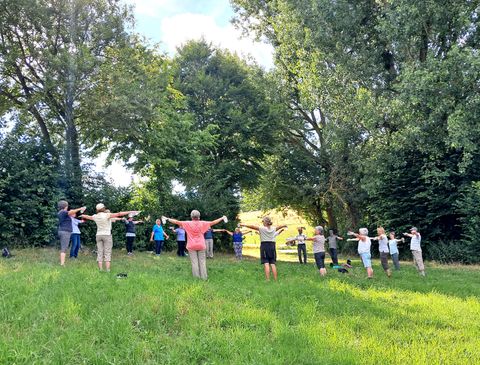 A group of people is exercising outdoors. They are standing on a meadow surrounded by trees.
