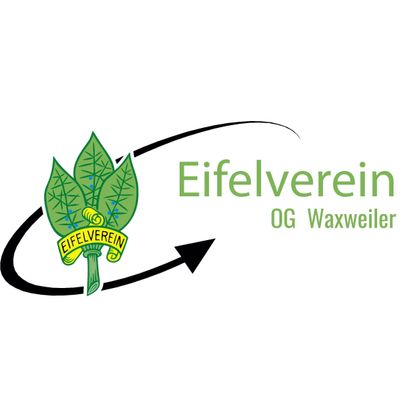 Een logo van de Eifelvereniging met gestileerde bladeren en een gekrulde pijl. De tekst toont de naam en de plaatselijke groep Waxweiler.