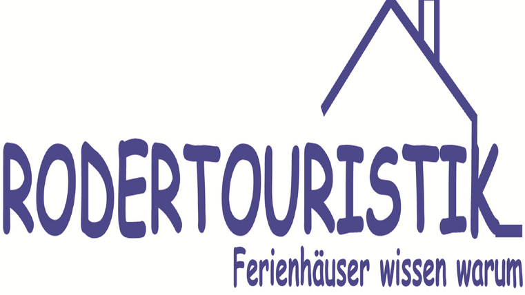 Een logo van Rodertouristik met de slogan "Vakantiehuizen weten waarom". Het ontwerp toont een gestileerde huisgrafiek.