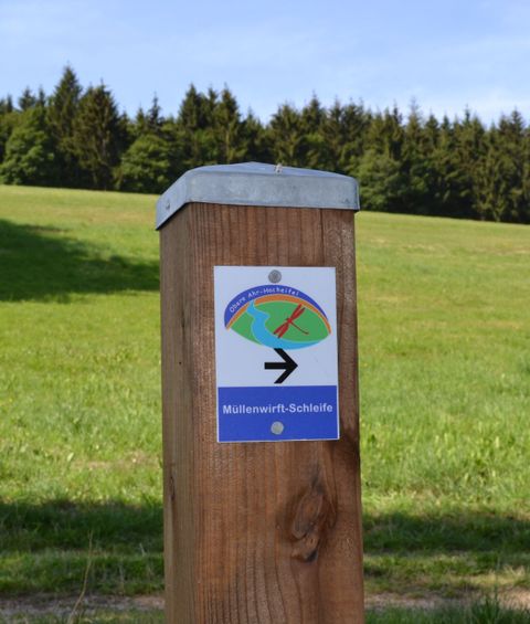 Panneau indicateur de la boucle de Müllenwirft dans un paysage verdoyant avec une forêt en arrière-plan.