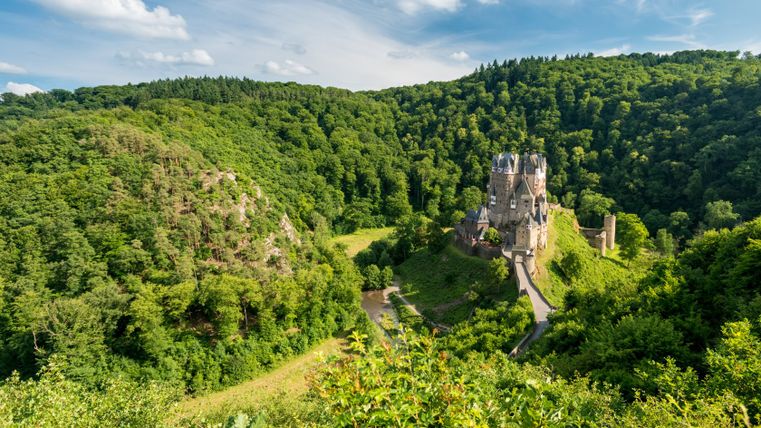 Kasteel Eltz op een beboste heuvel omgeven door een groen landschap.