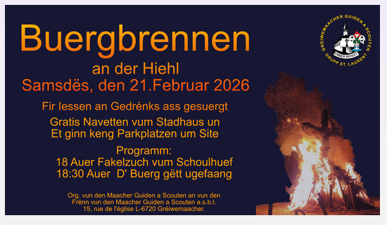 Een poster voor het "Buurgbranden", dat op 21 februari 2026 plaatsvindt. Het toont informatie over programmaonderdelen, begintijden en parkeermogelijkheden.