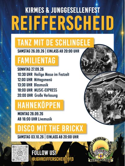 Een affiche voor evenementen in Reifferscheid. Hierop staan twee data met optredens van bands en informatie over de evenementen.