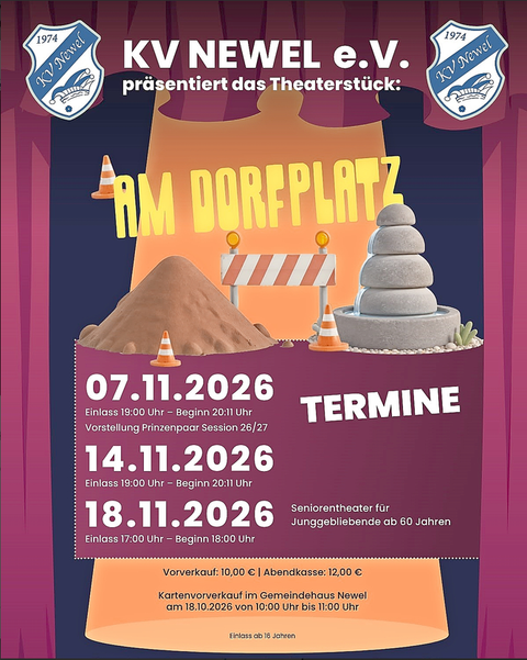 Ein Plakat für das Theaterstück „Am Dorfplatz“ von KV Newel e.V. Es zeigt Termine und Details zur Veranstaltung.