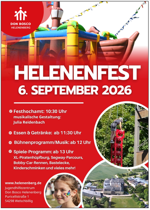 Ein buntes Festplakat für das Helene Fest am 6. September 2026. Es zeigt verschiedene Aktivitäten wie ein Riesenrutschen und Spiele für Kinder.