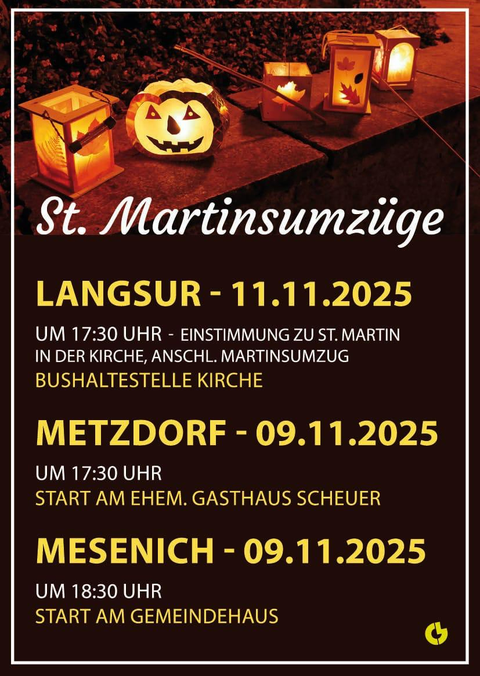 A poster for the St. Martin's parades with dates and information. It shows lanterns in various shapes, including a pumpkin lantern, in a pleasing atmosphere.
