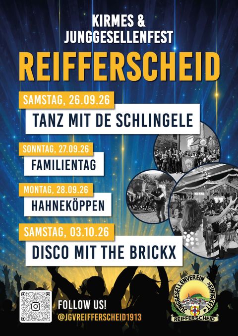 Une affiche colorée pour la kermesse et la fête des célibataires à Reifferscheid. Elle contient des informations sur les différentes manifestations et leurs horaires.