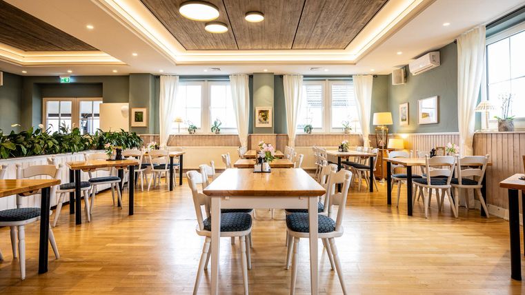 Een helder restaurant met een houten vloer en moderne tafels. Grote ramen laten veel licht binnen en er zijn decoratieve planten.