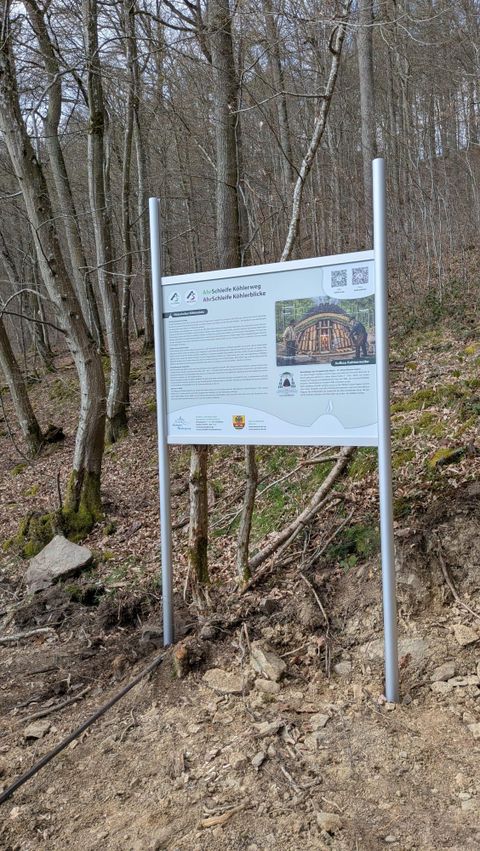 Ein Informationsschild über den Kolbenbergweg in einem Waldgebiet. Es zeigt eine Abbildung der historischen Kolbenbrücke und enthält Informationen zur Umgebung.