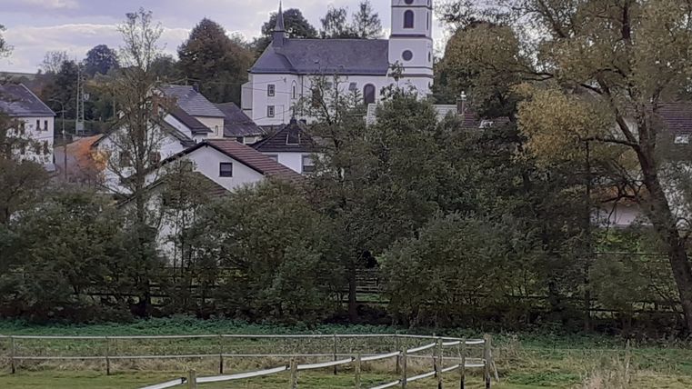 Landelijk tafereel met kerk en huizen op de achtergrond, omringd door bomen en weilanden.