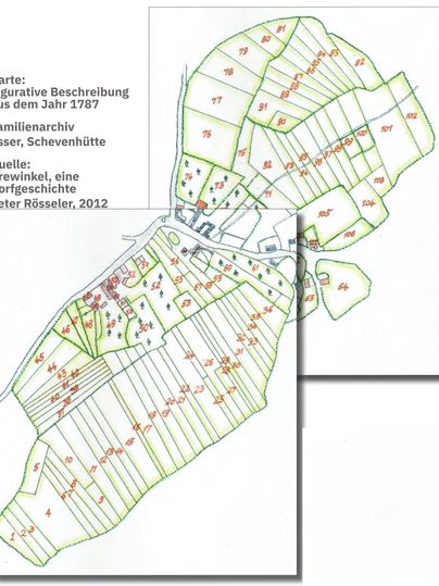 Een historische kaart uit 1787 toont landbouwgronden en percelen. De kaart bevat verschillende nummeringen en legenda's voor een betere oriëntatie.