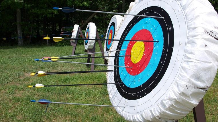 Auf einer Wiese stehen 4 stehende Bogenschießscheiben.In allen Scheiben stecken Pfeile mit unterschiedlichen Farben.