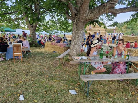 Buntes Treiben mit vielen Menschen auf dem Hoffest