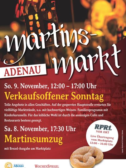 Une affiche pour le marché de Saint-Martin à Adenau. Elle présente des informations sur les événements des 8 et 9 novembre ainsi qu'un stand de bretzels.