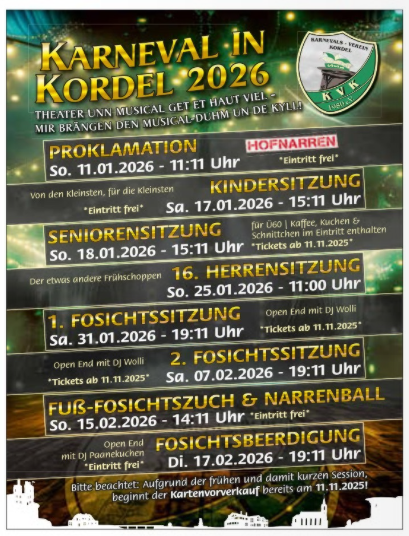 Ein Plakat für den Karneval in Kordel 2026. Es enthält Informationen zu verschiedenen Veranstaltungen, einschließlich Proklamation, Kindersitzung und weiteren Sitzungen.