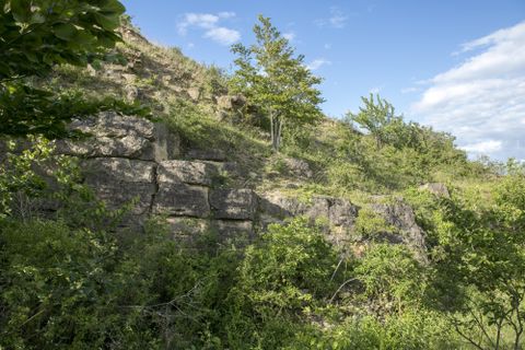 Eine grüne Landschaft mit steilen Felsen und Bäumen. Der Himmel ist blau und leicht bewölkt.