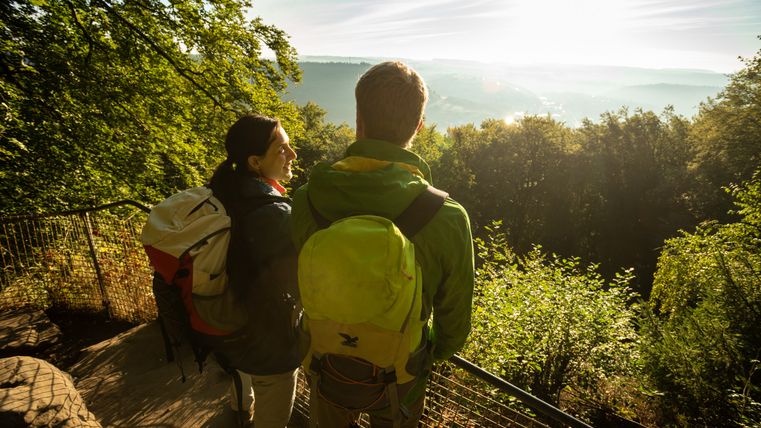 Deux randonneurs avec des sacs à dos profitent de la vue depuis un point de vue dans la forêt.