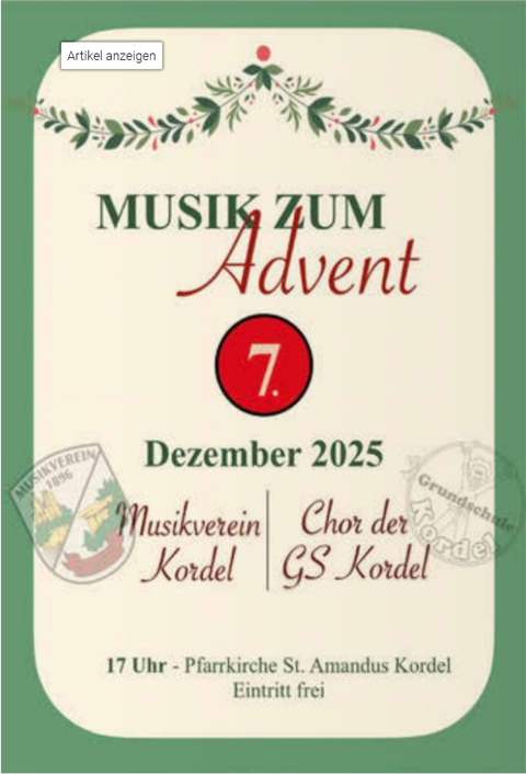 Een poster voor een adventsconcert op 7 december 2025. Het toont informatie over de muziekvereniging Kordel en het koor van de GS Kordel.