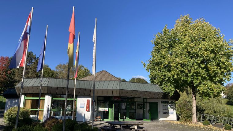 Ein Gebäudekomplex mit mehreren Fahnen vor dem Eingang. Im Vordergrund steht ein großer Baum, bei klarem blauen Himmel.