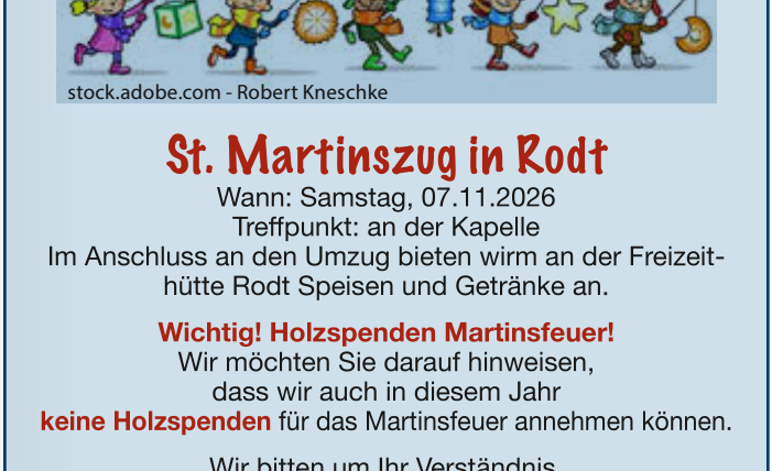 Ein Plakat der Jugendfeuerwehr Rodt informiert über die Feierlichkeiten zu St. Martin am 12.11.2022. Es wird über einen Martinsumzug, eine Tombola und zusätzliche Angebote wie Tee und Glühwein informiert.
