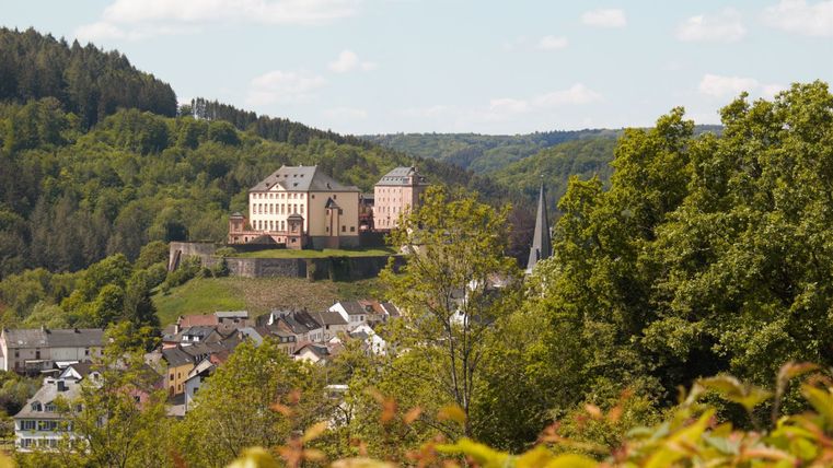 Uitzicht op Kasteel Malberg en het omliggende platteland.