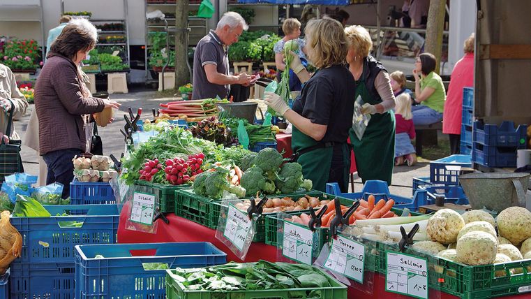 Des gens achètent des légumes frais sur un stand de marché. Différentes variétés de légumes comme des radis, du brocoli et du céleri sont exposées.