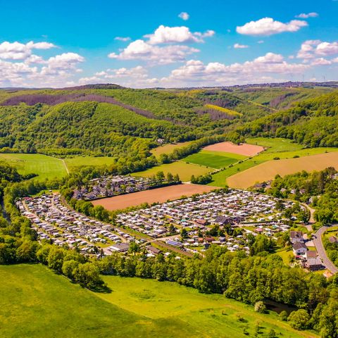 Vue du château de Nideggen : un paysage pittoresque avec des collines douces et des champs verdoyants. Le terrain de camping est niché entre le parc national de l'Eifel et la Rur, qui coule le long du terrain de camping.