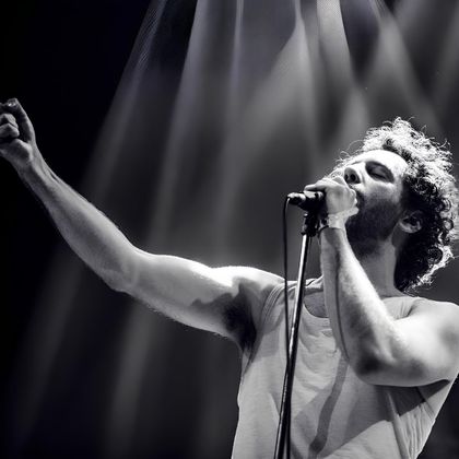 A musician stands on stage and sings into a microphone. The lights shine in a dramatic black-and-white contrast.