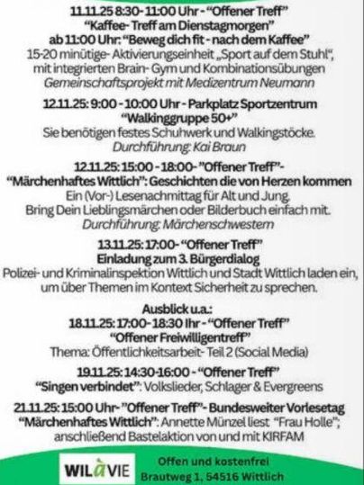 Eine Übersicht von Veranstaltungen in Wittlich, inklusive Kaffee-Treffen, Walking-Gruppen und Geschichtenabenden. Die Veranstaltungen sind offen und kostenfrei für die Teilnehmer.