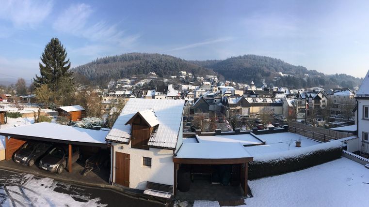A snowy landscape overlooking a village and surrounding hills. The roofs of the houses are covered with snow and the trees are wintery.