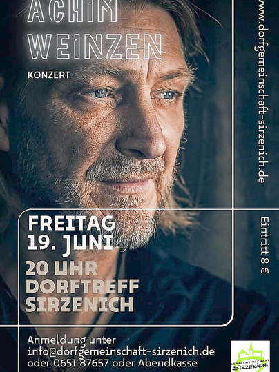 Ein Konzert von Achim Weinzen findet am Freitag, den 19. Juni, um 20 Uhr im Dorftreff Sirzenich statt. Der Eintritt beträgt 8 Euro.