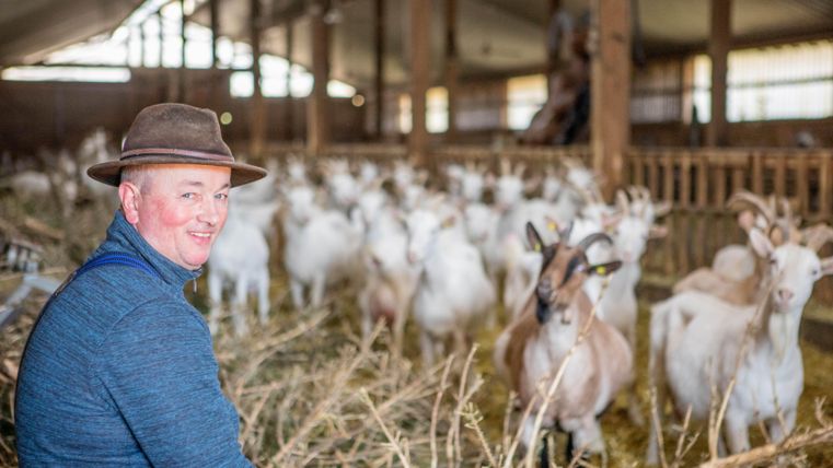 Ein freundlicher Mann sitzt im Stall und lächelt. Um ihn herum stehen viele Ziegen auf dem Stroh.