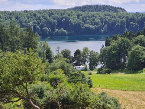Un paysage paisible avec un lac, entouré de forêts vertes. Au premier plan, des buissons et une prairie sont visibles.