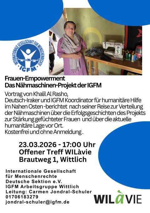 Une affiche d'information pour l'événement sur l'autonomisation des femmes et un projet de machines à coudre de l'IGFM. La conférence aura lieu le 23 mars 2026 à Wittlich et portera sur le soutien aux femmes réfugiées.