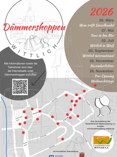 Une vue d'ensemble des événements pour le Dämmershopping à Wittlich en 2026. La carte montre différents événements et lieux avec des dates et un code QR pour plus d'informations.