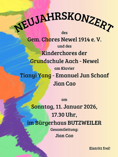 A flyer for a New Year's concert with a colorful background. The concert will take place on January 11, 2026, at the Butzweiler community center.