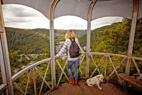 Frau mit Hund auf einem Aussichtsturm, Blick auf bewaldetes Tal und Dorf.