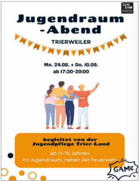 A poster for the youth room evening in Trierweiler. It is aimed at young people aged 11 to 15 years and offers various activities.