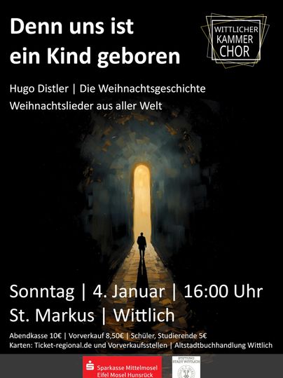 Une affiche pour un concert de Noël du chœur de chambre de Wittlich. Elle contient des informations sur la date, l'heure et le lieu de l'événement ainsi que sur le programme.