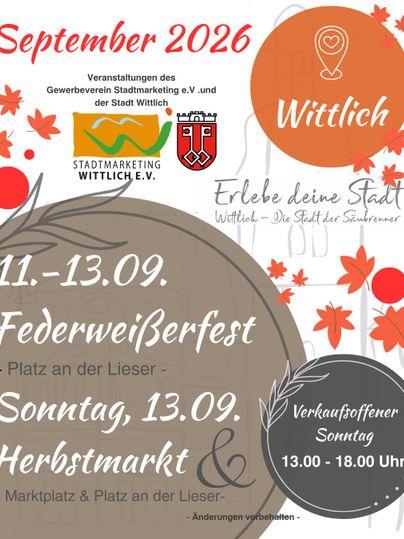 Eine Veranstaltungshinweis für September 2026 in Wittlich. Es werden das Federweißerfest und der Herbstmarkt angekündigt.