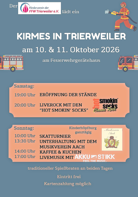 Ein Flyer für die Kirmes in Trierweiler, die am 10. und 11. Oktober 2026 stattfindet. Die Veranstaltung bietet Livemusik, Unterhaltung und traditionelle Speisen am Feuerwehrgerätehaus.