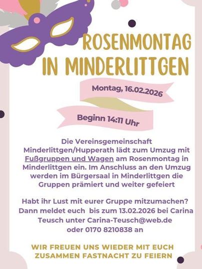 Un flyer coloré pour le Lundi des Roses à Minderlittgen. Il invite à un défilé avec des groupes à pied et des chars et contient des informations importantes sur la date et le contact.