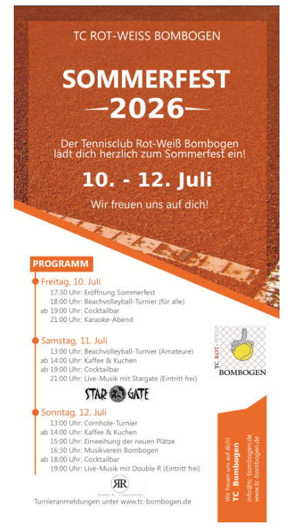 Een poster voor het Zomerfestival 2026 van Tennisclub Rot-Wit Bombogen. Het festival vindt plaats van 10 tot 12 juli en biedt een gevarieerd programma.