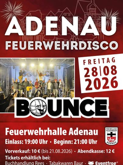 Ein Plakat für die Feuerwehrdisco in Adenau. Das Event findet am 28. August 2026 in der Feuerwehrhalle statt, mit der Band BOUNCE.