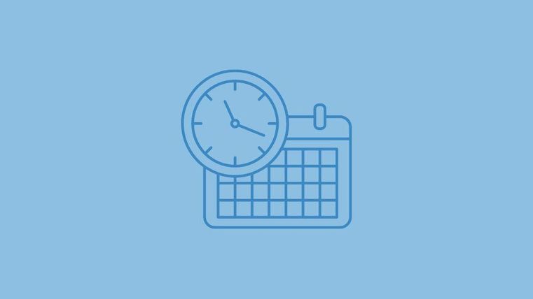 A calendar with a clock above it on a blue background. The graphic symbolizes time management and planning.